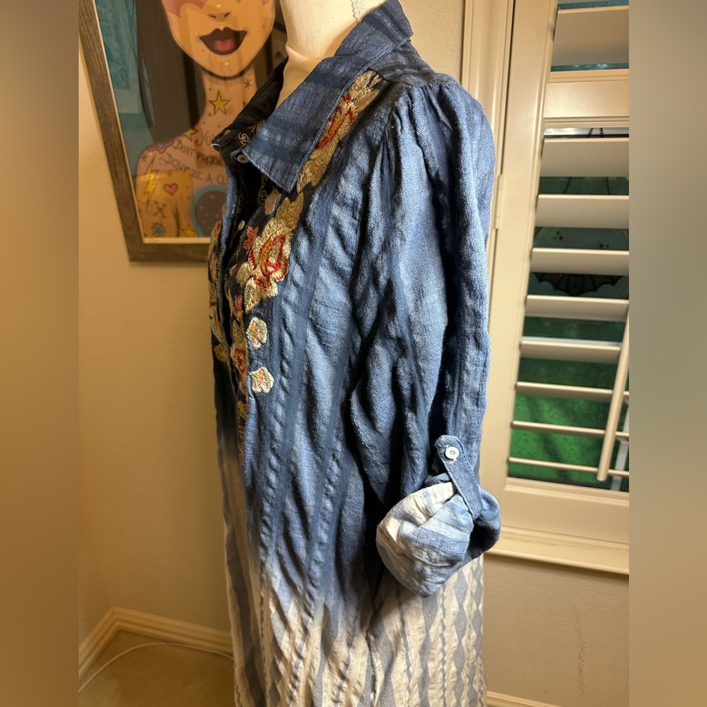 Andre by Unit Midi Denim Striped Ombre Button Down Collared Dress Embroidered L - Picture 2 of 9